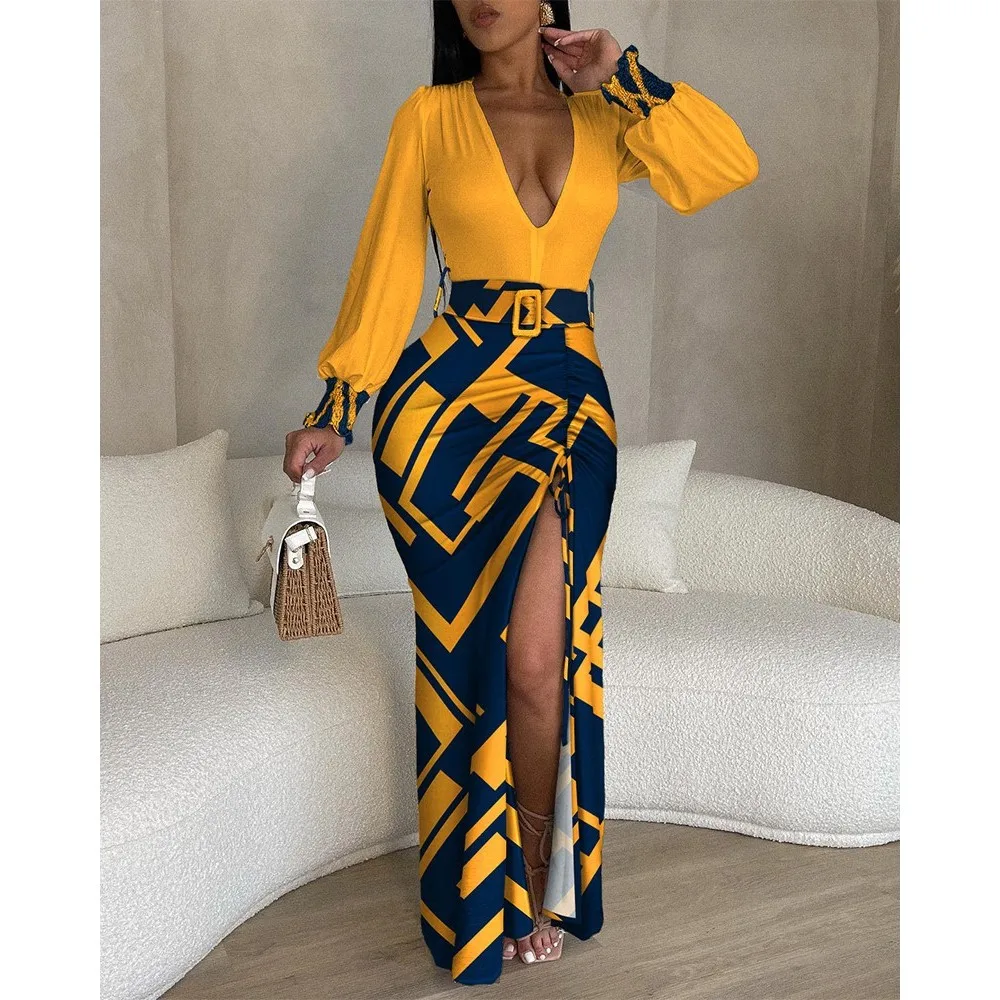 

Spring Pullover Deep V-neck Irregular Dress Women Sexy Drawstring High Split Print Maxi Dress Elegant Women's Party Vestidos