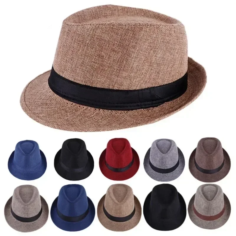 Versatile Casual Sunshade Four Seasons Hats Gifts Men's Fashion Top Hat Cotton Linen Solid Jazz Hat Men's English Gentleman Hat