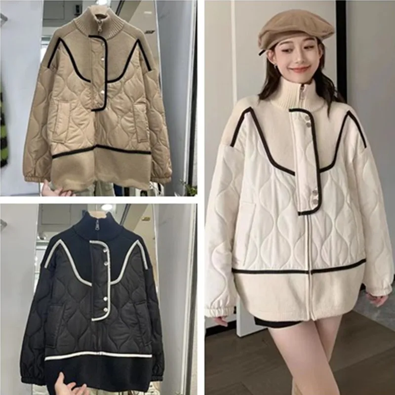 

Autumn Winter New Stand Collar Women Sweater Coat Parkas Korean Loose Cotton Padded Knitted Splice Cardigans Jacket Tops Female