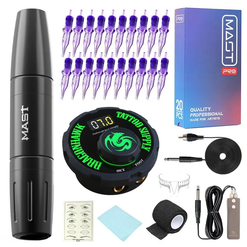 

Mast Magi Black Rotary Permanent Makeup Tattoo Machine Pen With Dual Mode Mini LCD Power Supply Kit Mast Pro Cartridge Set