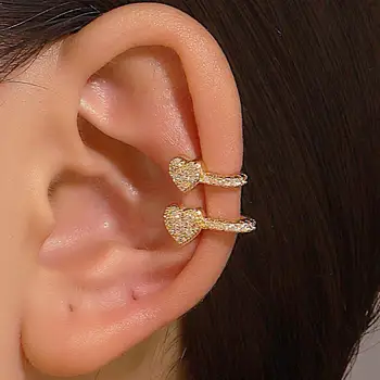Korean Fashion Crystal Heart Ear Clip Earrings For Women Jewelry Ear Cuffs Without Hole Single Double Layer Heart Fake Earrings