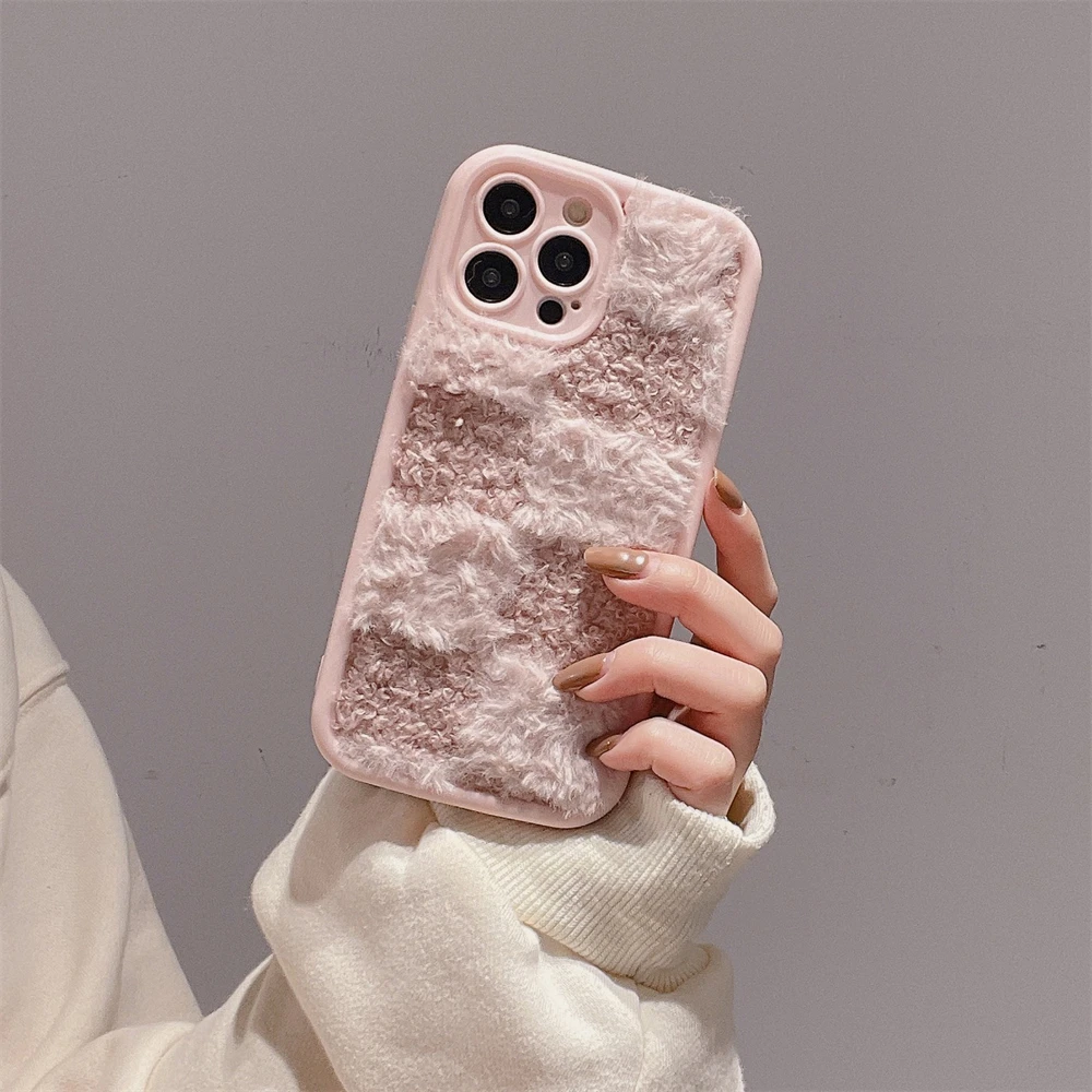 Geometric Splicing Embroidery Fluffy Plush Phone Case for IPhone