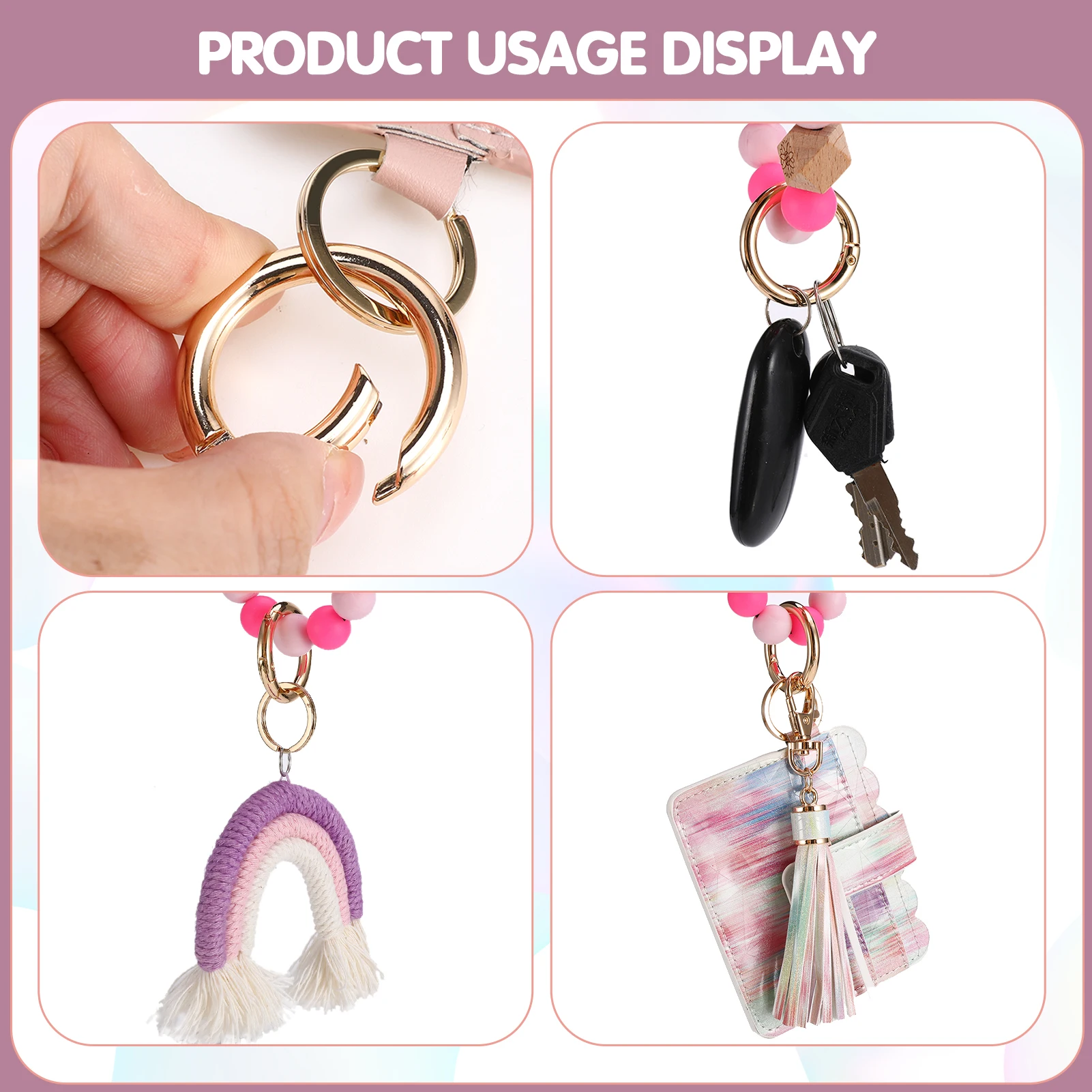 Pu Leather ID Credit Card Holder with Silicone bead key chain wristlet Fahsion Keychain For Women Colorful Pink Card Wallet