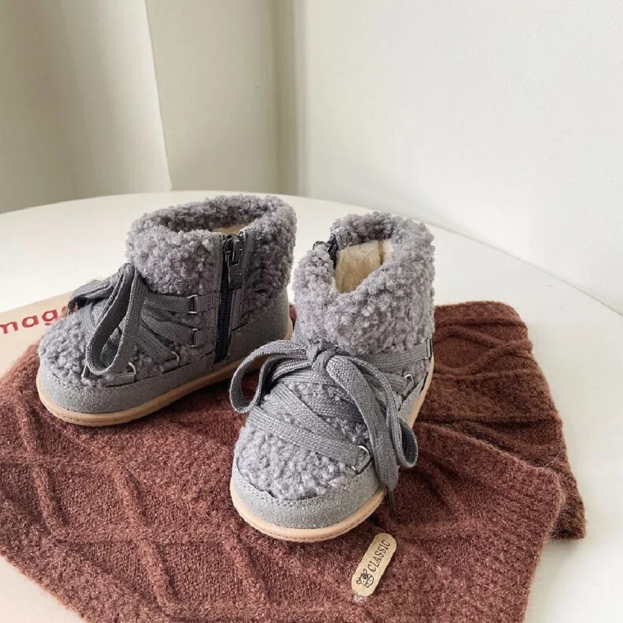 

Size 16-30 Girls' Cotton Boots 2024 Winter New Girls' Short Boots Lamb Hair Boys' Fashion Soft Sole Walking Shoes Camel Grey