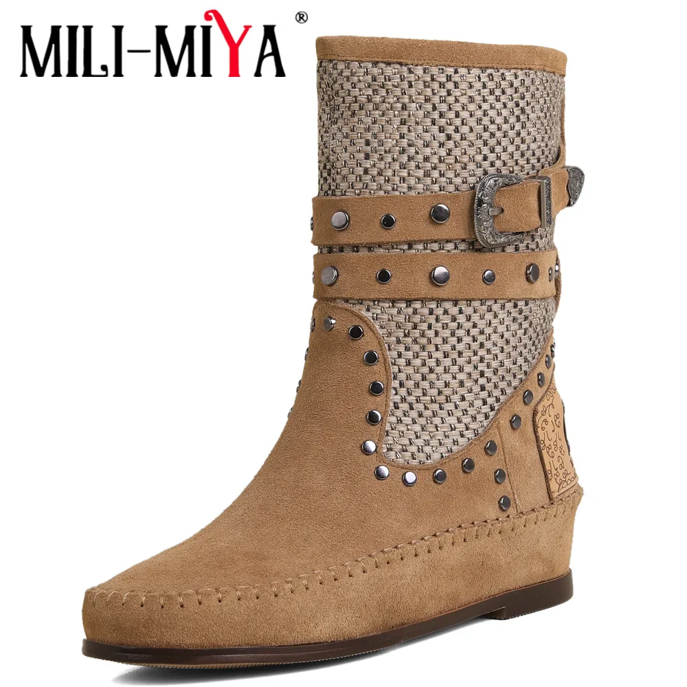 

MILI-MIYA Fashion Rivet Women Cow Suede Mid Calf Boots Round Toe Wedges Heels Splicing Denim Mixed Color Casual Street Shoes
