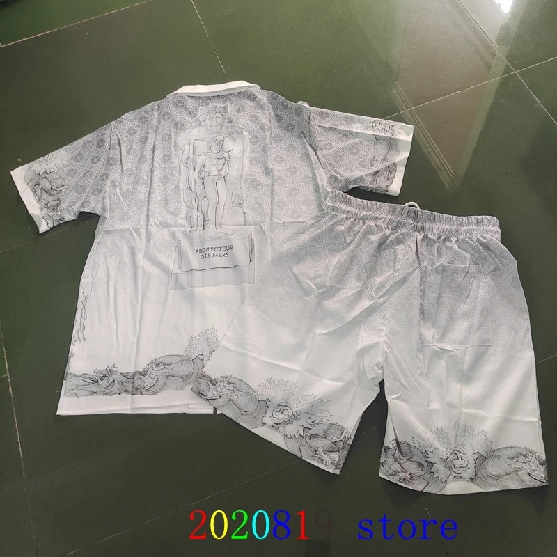 

Gray Casablanca Protecteur Des Mers Sculpture Print Short Set Men Women High Quality Hawaii Beach Shirt Shortpant Suit