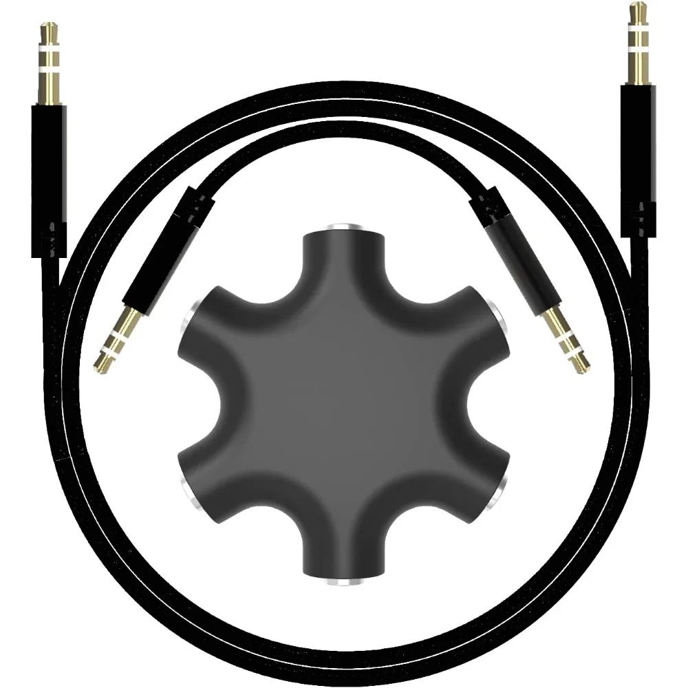 5-Way 3.5mm Audio Splitter Hub with 20cm and 1m Aux Cables (3-in-1 Pack)