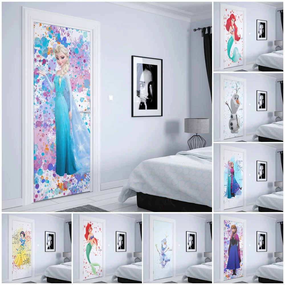 Disney Watercolor graffiti Frozen Elsa Anna Olaf Door sticker Home decoration Wall art door decoration Aesthetic Wall Sticker