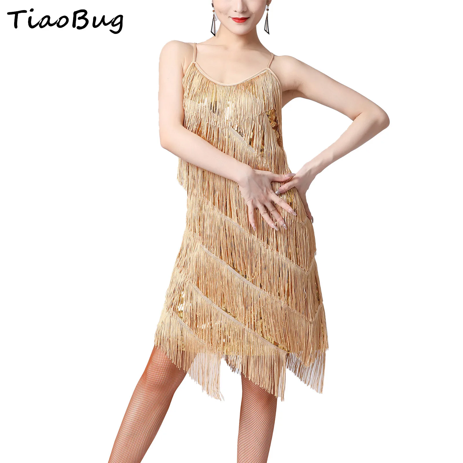

Women Shiny Sequins Fringed Dress Samba Tango Latin Dance Costume Adjustable Spaghetti Straps Tassel Dresses
