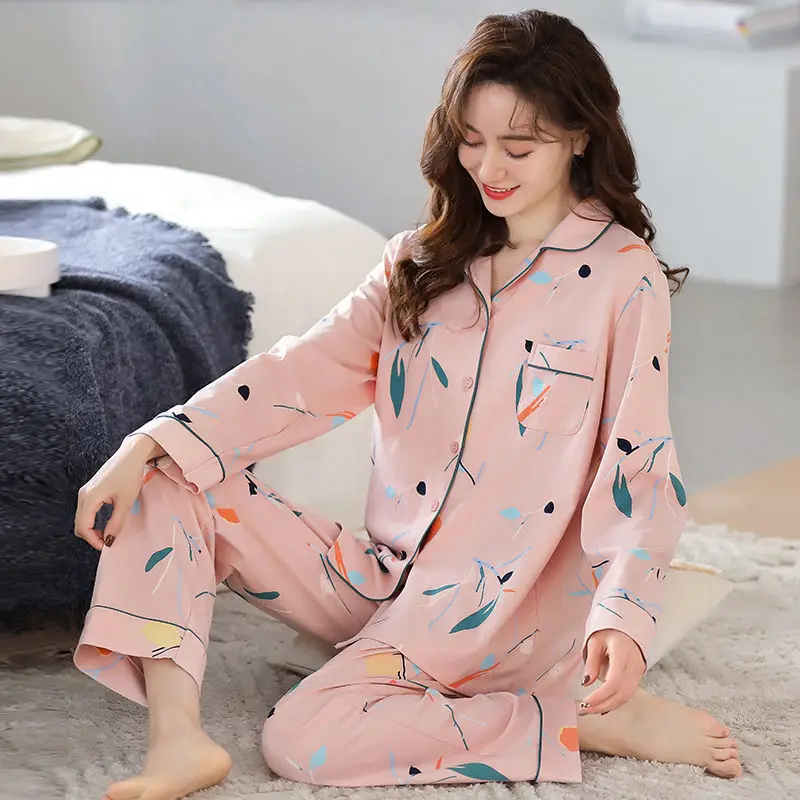 Spring Autumn Women's Thin 100% Pure Cotton Pajamas Long Sleeve Cardigan Pants Home Clothing Set Oversized Casual Sleepwear