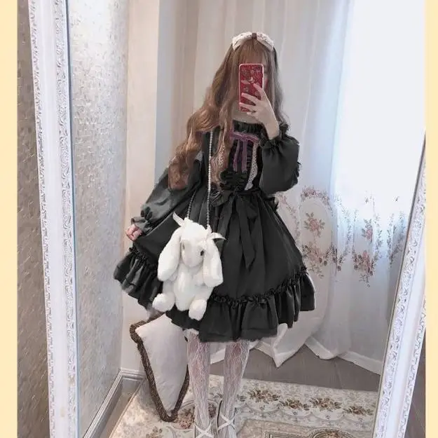 Alice In Wondeland Cute Women Lolita OP Dress Flouncing Lace Trim Japanese Harajuku Long Sleeves Doll Teen Dress Fairy Vestidos
