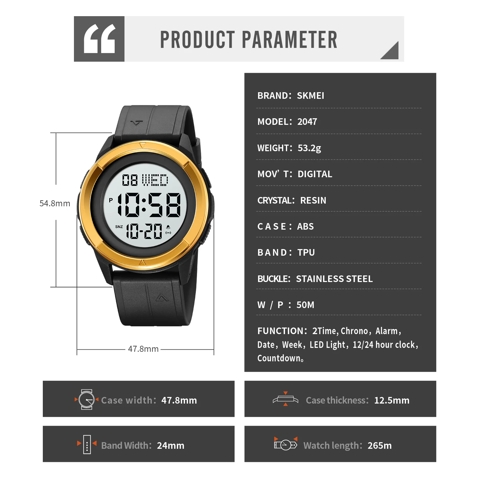 SKMEI 2047 Mens Electronic Sports Watches Casual Chrono Countdown Digital Waterproof Men Wristwatch Digital Clock montre homme 6