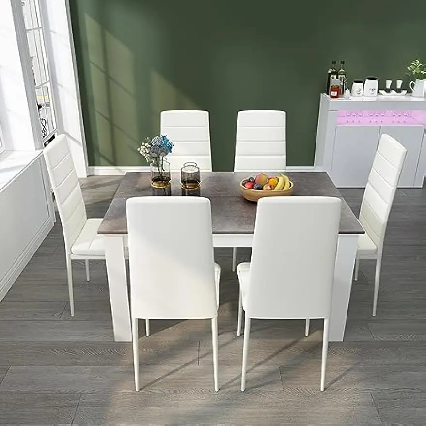 7-Piece Dining Table Set – Rectangular Kitchen Table with 6 High-Back Faux Leather Chairs 5