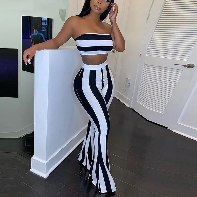2023 New Women Striped set Women Outfits Crop Top Pants two pieces sets Summer Clothes for Female Sexy suit women clothes