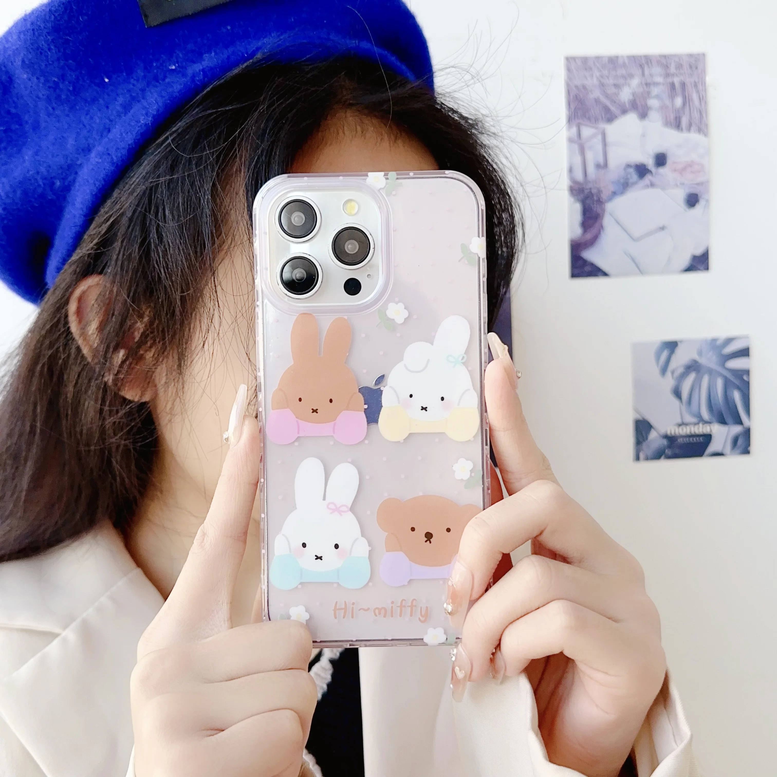 Korea Ins Cute Cartoon Animal Rabbit Bear Dots Transparent Phone Case for iPhone 16 15 14 13 Pro Max 12 Back Cover Funda
