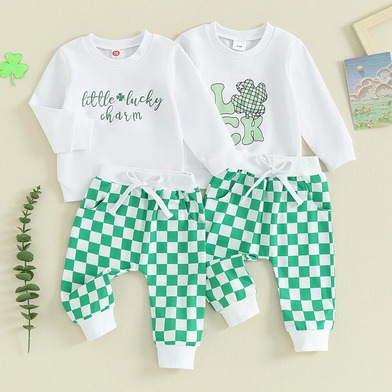 

2023-11-03 Lioraitiin 0-3Y Toddler Baby Boy St Patrick’s Day Outfit Clover Letter Long Sleeve T-Shirt Tops and Jogger Pants Set