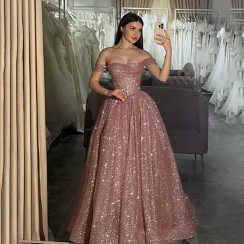 Glitter Off the Shoulder Tulle Evening Dresses Boat-neck A-line Ruched Plain Prom Dress Luxurious Long Formal Party Ball Gowns 1
