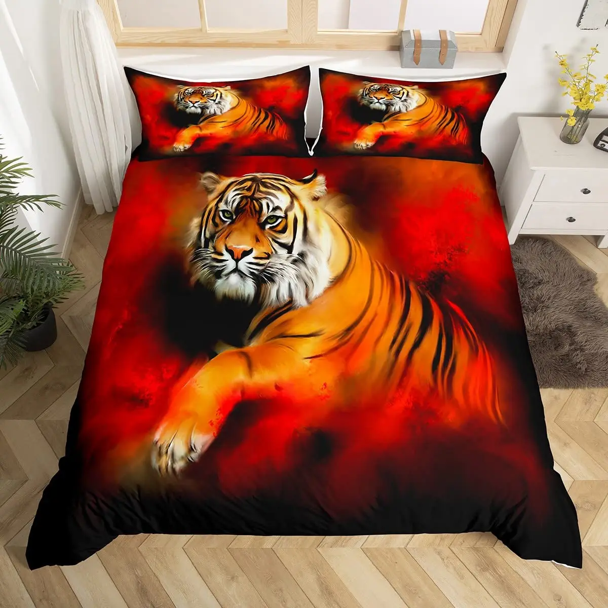 King Queen Duvet Cover Africa Big Cat Flower Bedding Set for Teen Adult Animal 2/3pcs Polyester Quilt Cover White Tiger Red Rose
