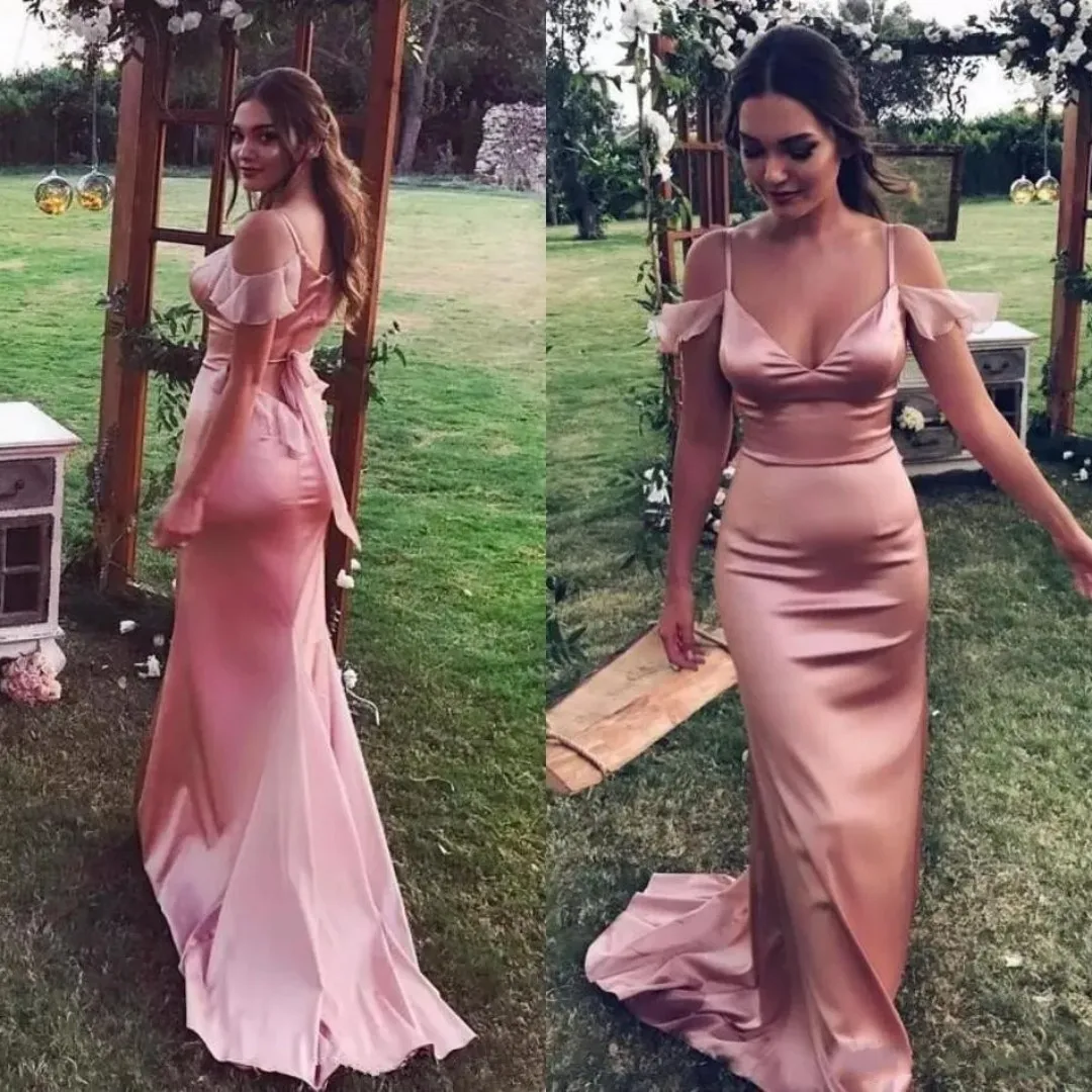 

Elegant Sexy Spaghetti Straps Mermaid Prom Dresses Long Silky Satin Open Back Sweep Train Evening Party Gowns Robes De Soirée