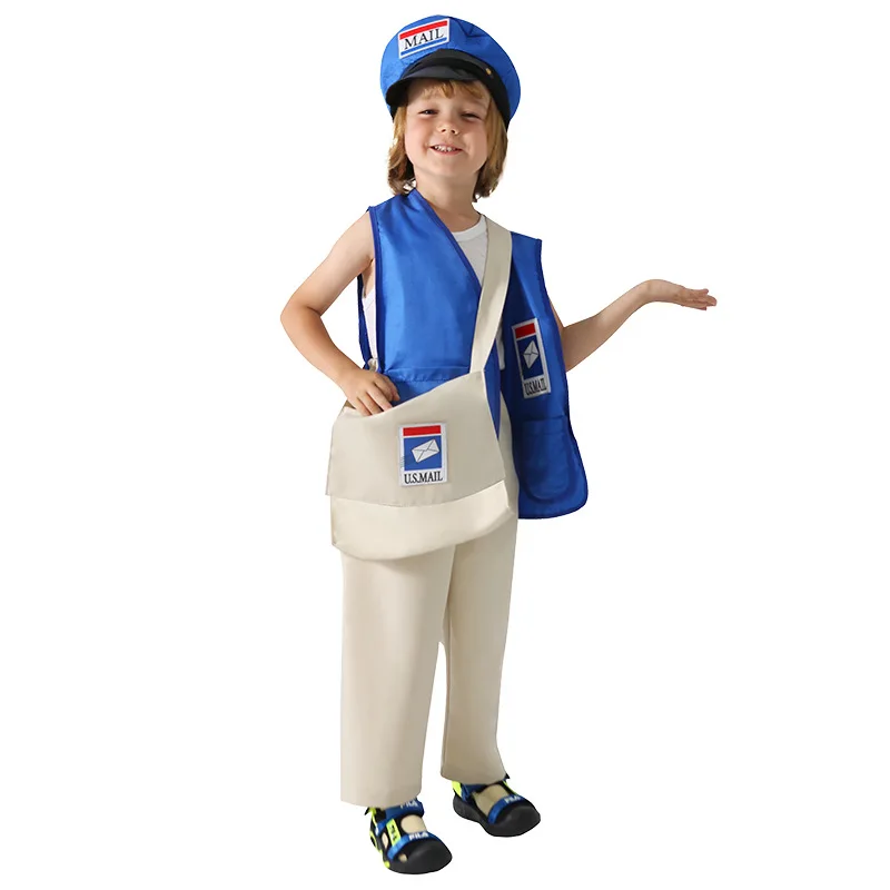 Boys Girls professional postman Cosplay mail carrier Uniform Costume Halloween Kid with Hat mail carrier