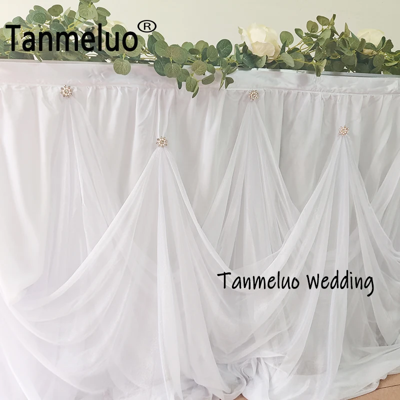 White Tulle Table Skirt Rectangle with Buckle Tablecloth for Wedding Bridal Shower Baby Birthday Party Banquet Table Decorations