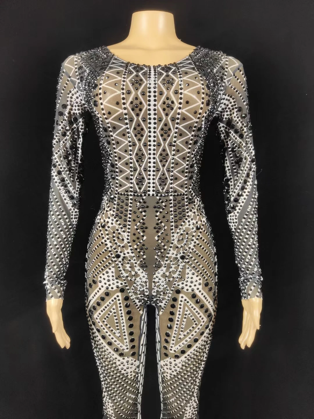 Sexy See Through Pearl Stone Party Club Outfit Singer Dance Leotard Romper Bodycon Bodysuit Women One Piece Shiny Jumpsuits Jihe