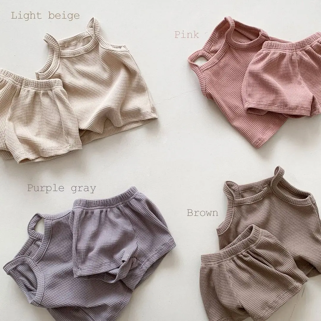 2025 Summer New Baby Sleeveless Clothes Set Solid Infant Sling Vest + Shorts 2pcs Suit Boy Girl Thin Cotton Toddler Outfits 4