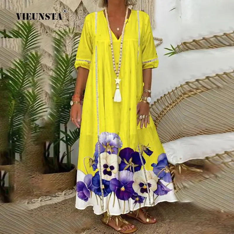 

Casual Lady Loose Floral Print Party Dress Summer Beach Long Dress Mujer Vintage Women V-Neck Short Sleeve Oversized Maxi Dress