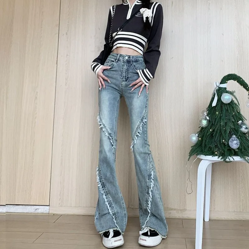 Denim Planet Women's Slim Fit Jeans 2024 New High Waist Elastic Flare Pants Spliced Slim Fit Open Front Pants