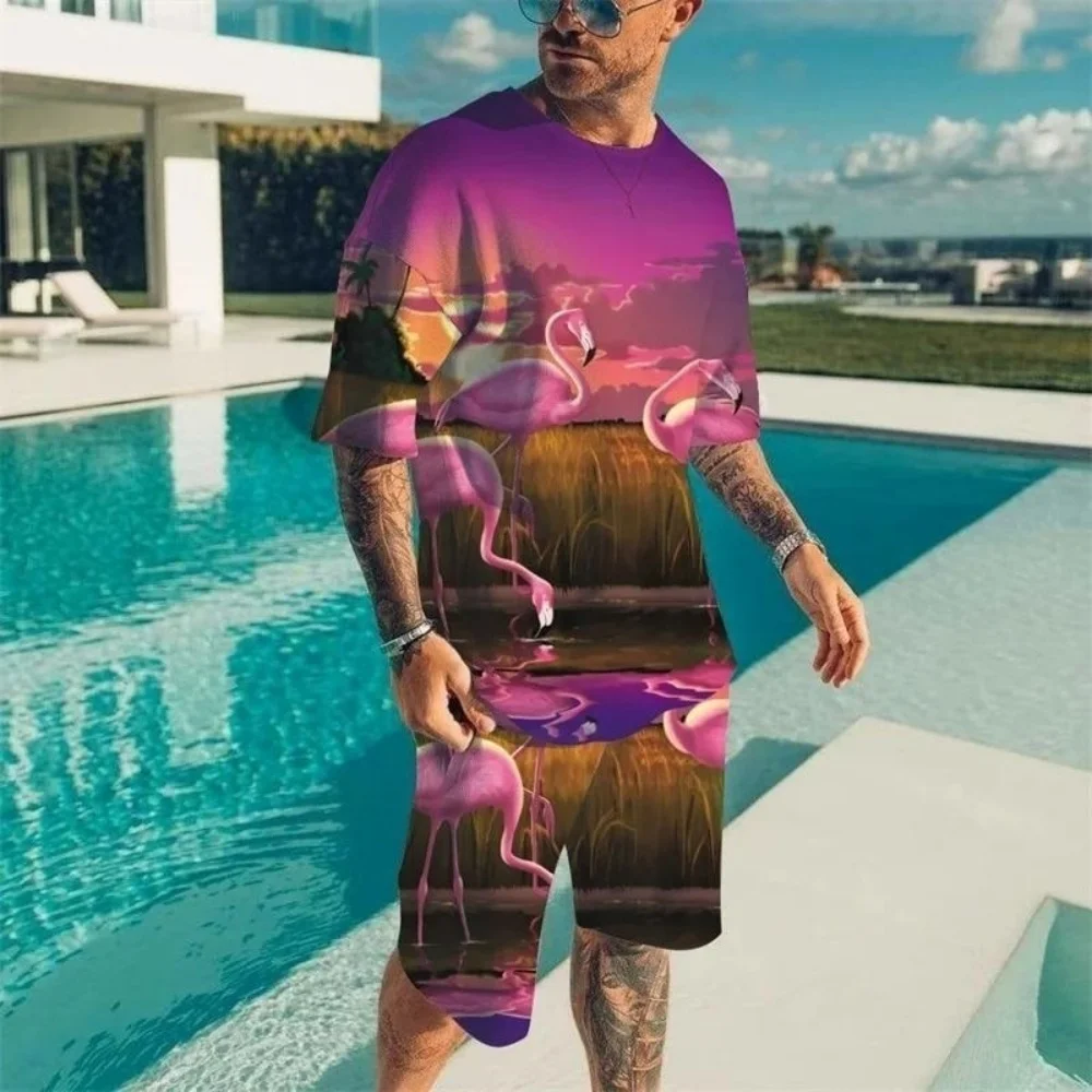 Men's Summer Fashion Loose Short-sleeve and Shorts Set Flamingo Pattern Casual Two-piece for Daily Outdoor Beach Vacation