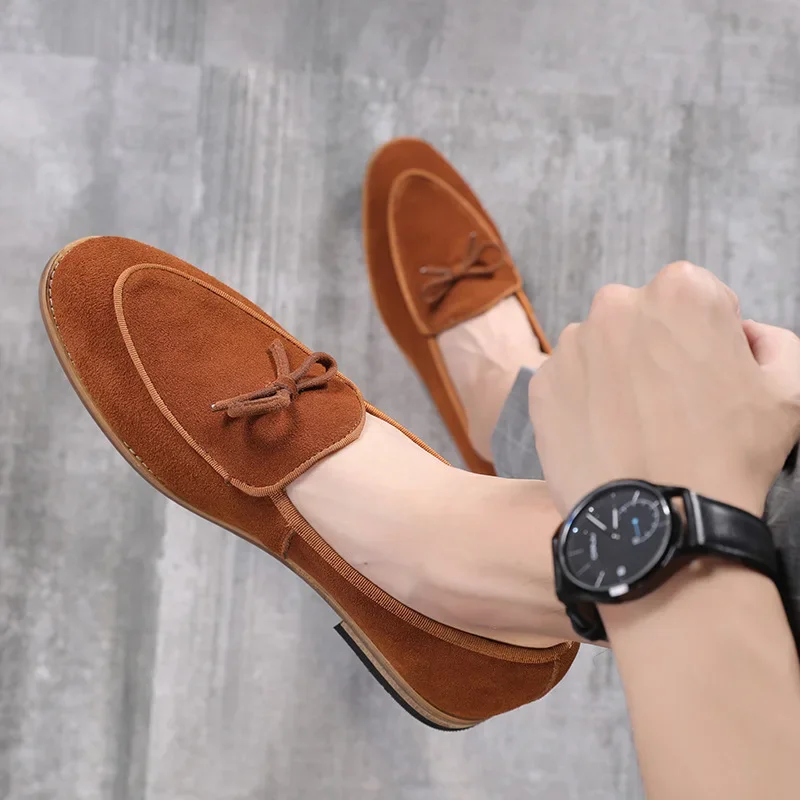 Men's Casual Shoes Suede Genuine Leather Men Trendy Bowknot Party Wedding Loafers Moccasins Mens Driving Flats
