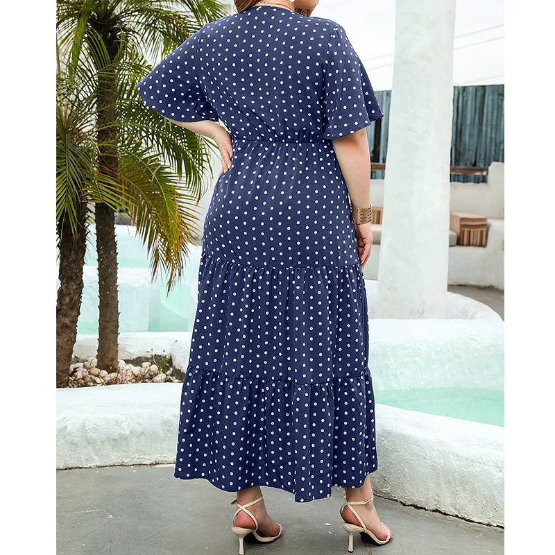 Summer Clothes Women V-Neck Bohemian Polka Dot Print A-line Elegant Pullover Short Sleeve Casual Vacation Midi Plus Size Dresses