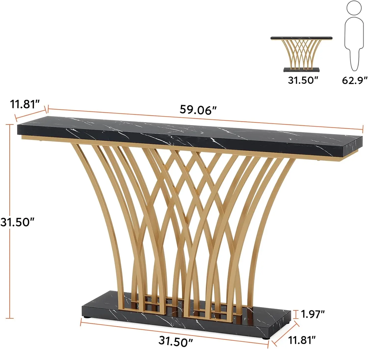 59 inch Console Table with Grid-Shaped Metal Base for Entrance Hallway Living Room