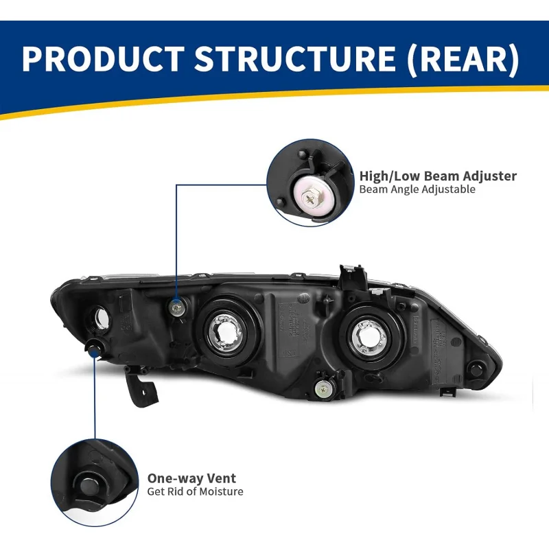 AUTOSAVER88 Headlight Assembly Compatible with 06 07 08 09 10 11 Civic Sedan 4-Door Headlamp Amber Park Lens Black Housing
