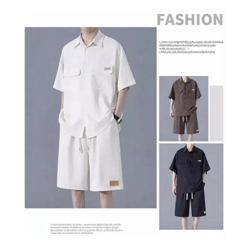 Men's Casual Set Summer Thin Ice Silk Short Sleeved Shirt Fashion Trend Korean Version Handsome Short Sleeved Shorts H0009
