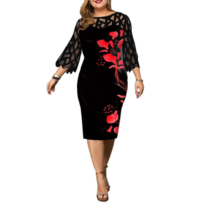 

Round Neck 3/4 Sleeve Plus Size Dress Lace Sleeve Floral Print Dress Mesh Patchwork Bodycon Dresses Women 2022 Pluse Size 5XL
