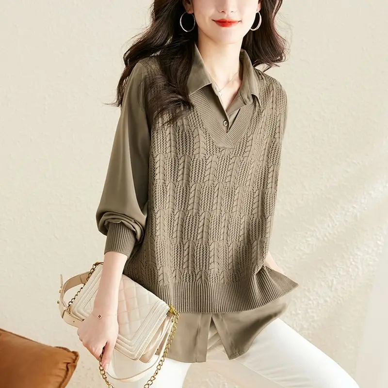 Office Lady Turn-down Collar Shirt Spring Autumn Basic Fake Two Pieces Stylish Knitted Patchwork Loose Korean Long Sleeve Blouse