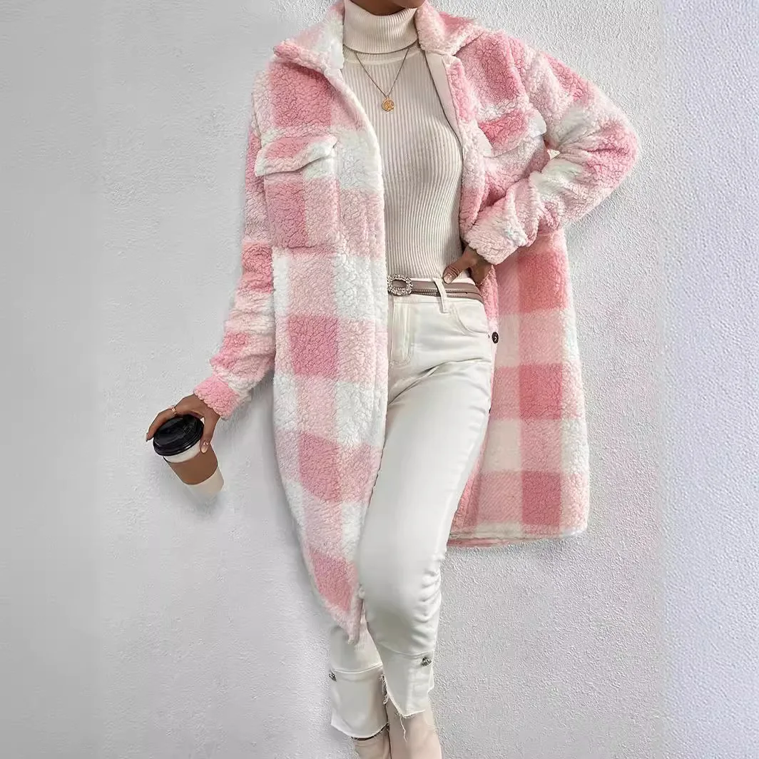 Women Plaid Fleece Sweatshirt Coat Autumn Winter