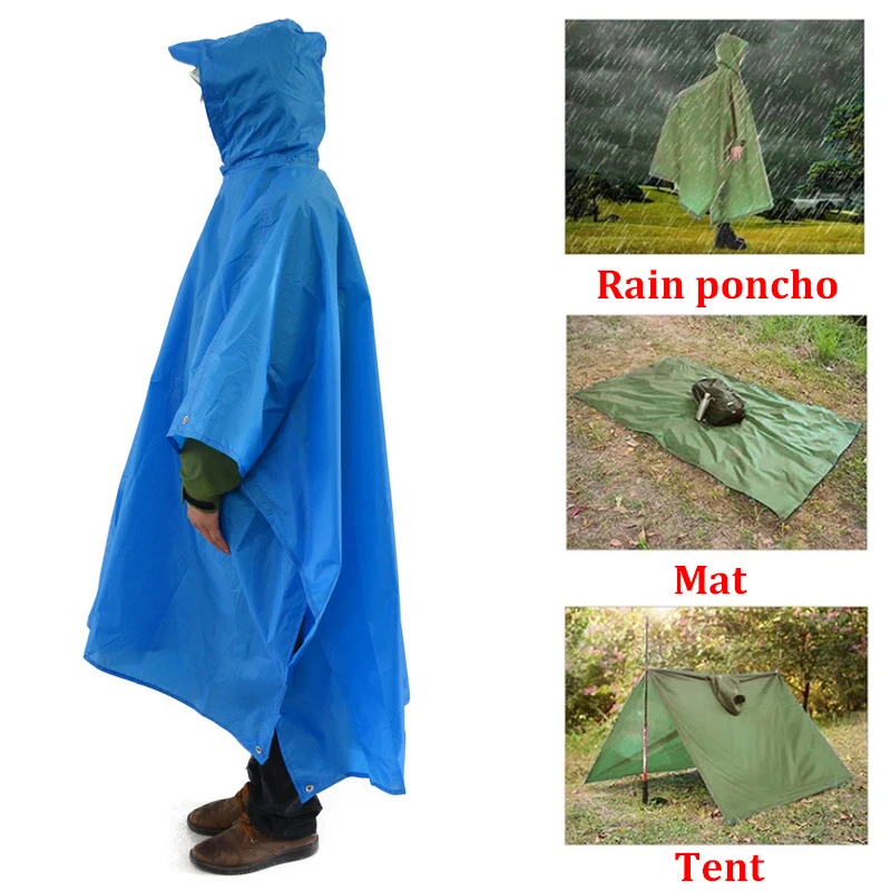3 in 1 Multifunctional Raincoat with Hood Outdoor Men Women Poncho Hiking Fishing Mountaineering Rain Jacket Camping Tent Mat