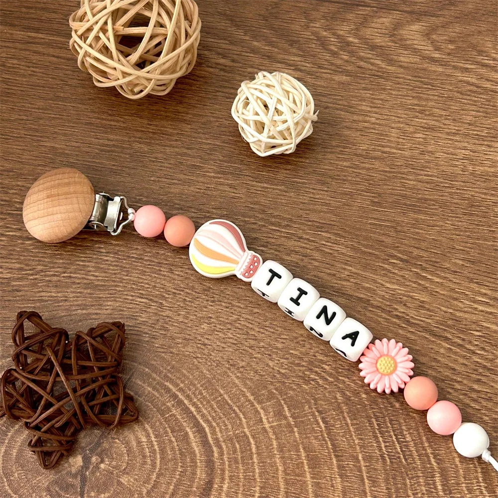 Custom Name Pacifier Chain – Adorable Hot Air Balloon & Flower Charms