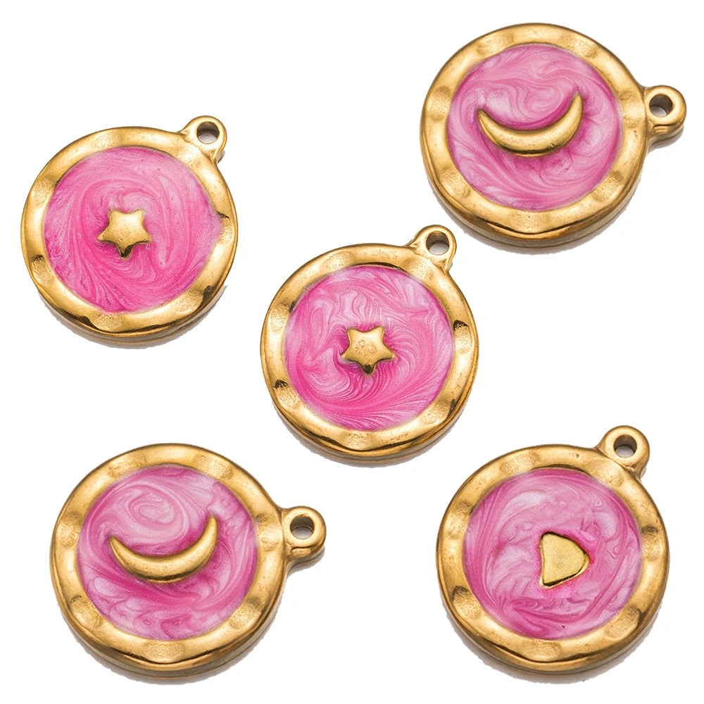 5 Stück Gold Edelstahl Emaille Rosa Herz Mond Stern Runde Charm Anhänger für DIY Ohrringe Halskette Schmuckherstellung Zubehör