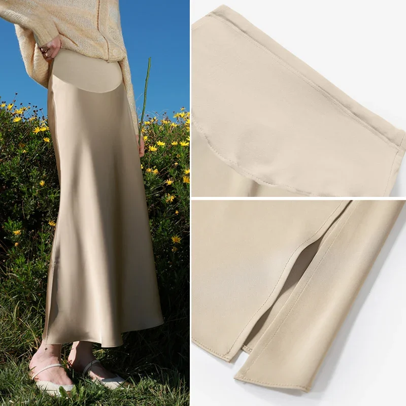Korean Style Spring Autumn Maternity Belly Skirts Both Side Split Pregnant Woman Lightweight Satin Skirt Pregnancy Party Clothes