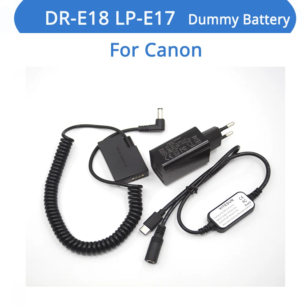 DR E18 LP E17 Dummy Battery Spring PD Charger USB C Power Bank Cable