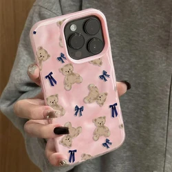 Adorable Cute Bear Pattern Phone Case with Blue Bows and Folds Texture - iPhone 15 Plus (Pink - YYDSE2630)