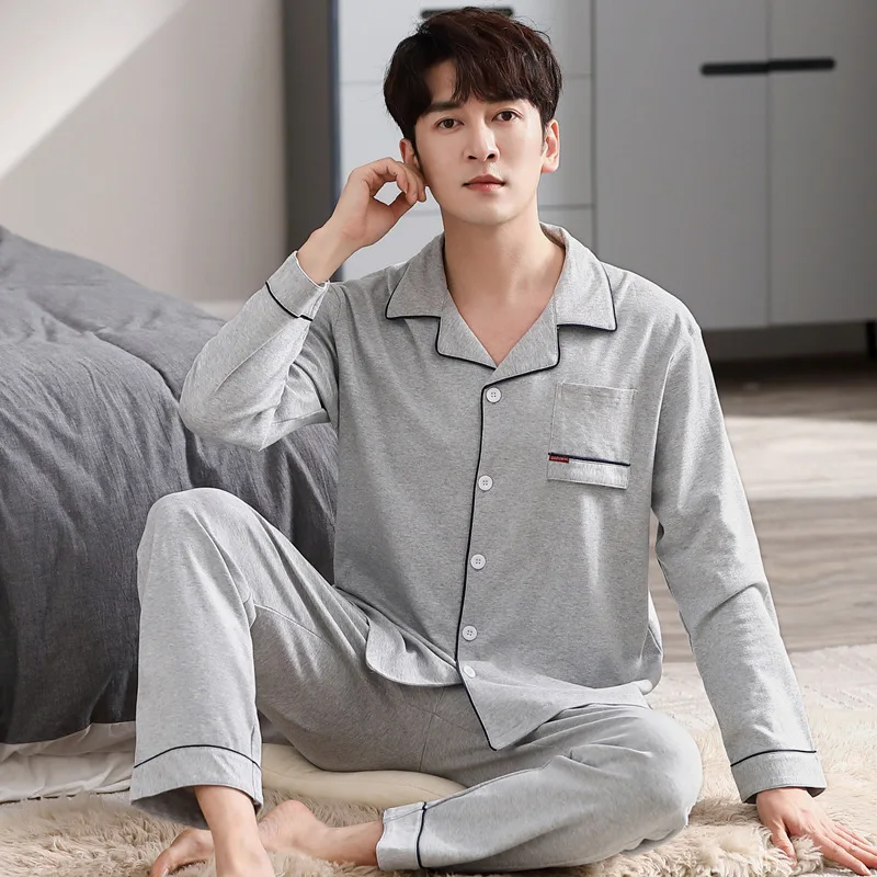 2024 Men Pyjama Full Cotton Spring Long Sleeve Print Lattice Suit Autumn Nightwear Collar  Male Sleepwear Two Piece SizeL-4XL