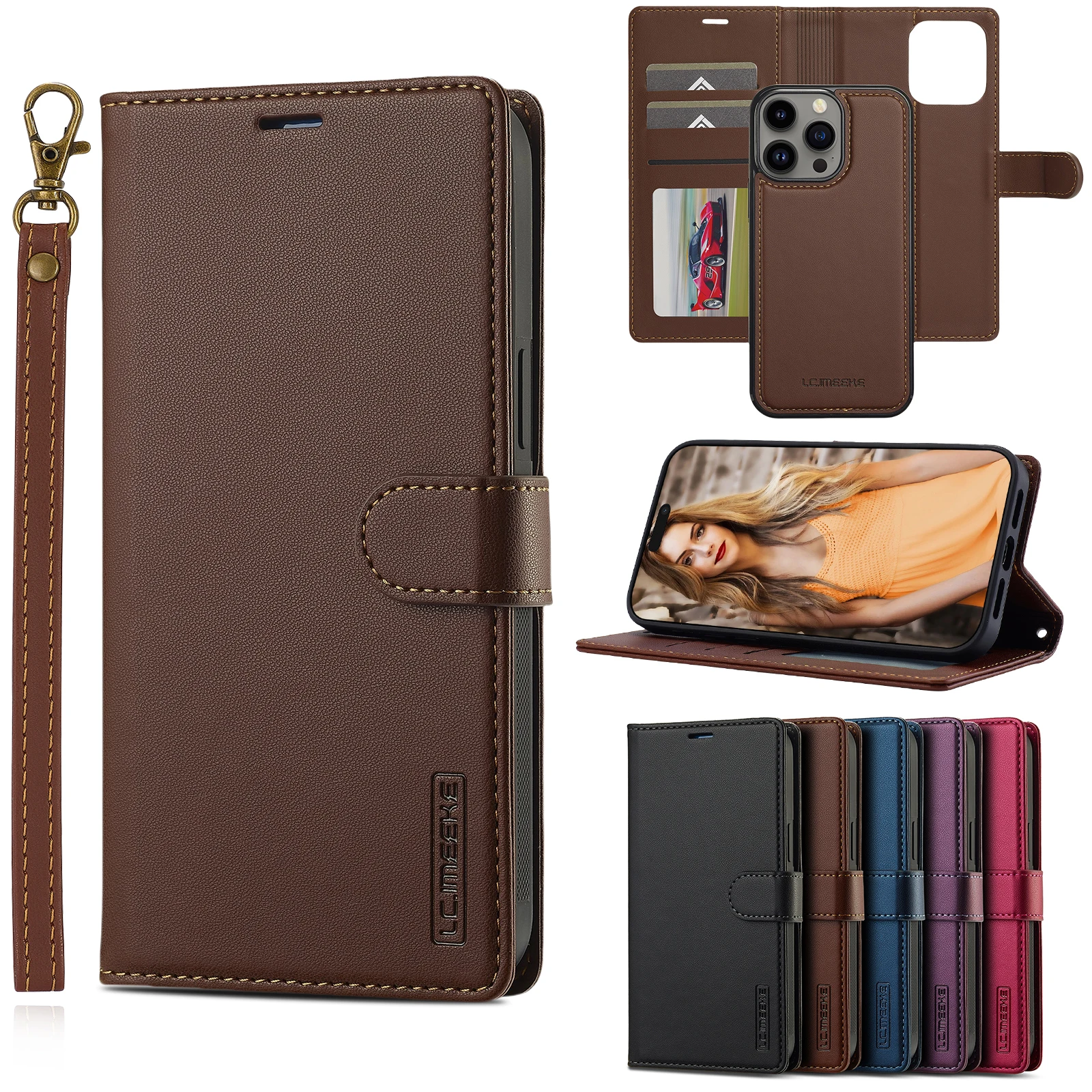 2 in 1 Removable Cards Solt Flip Leather Wallet Case For iPhone 15 Pro Max 14 Plus 16 13 12 11 SE 2022 XR XS Magnetic Bag Cover_voghion.com
