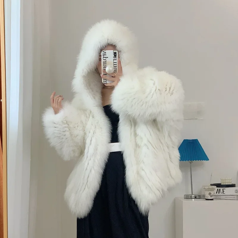 Autumn Winter Real Fur Grass Double Sided Woven Fox Hooded Women's Clothing Long Sleeve Jackets Solid Thick Warm Fur Sexy Coat