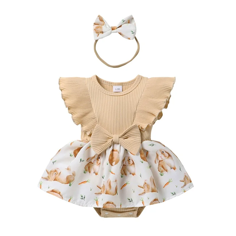 

Newborn Baby Girl Outfit Ruffle Sleeve Rabbit Print Romper Dress with Bowknot Hairband Clothes