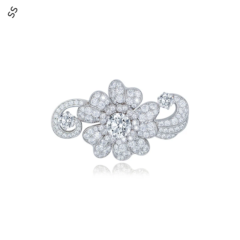 

Autumn/Winter Style High-grade Temperament Small Floral Corsage Hand Inlaid 5A White Zircon Gemstone Brooch Pin for Women Coat