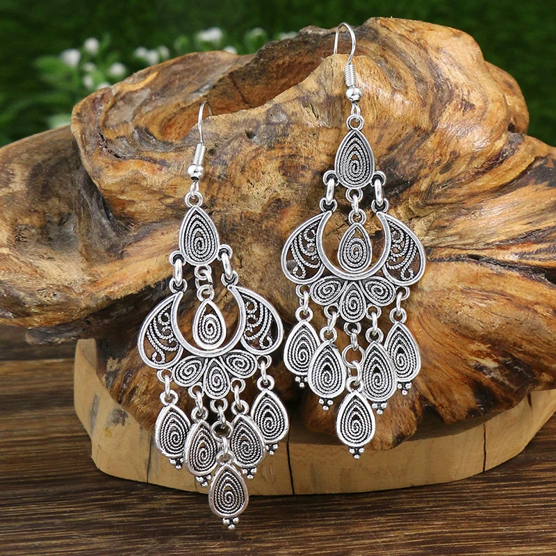 Vintage Ethnischen Stil Hohl Wasser Tropfen Anhänger Ohrringe für Frauen Lange Antik Silber Farbe Elegante Ohrring Jhumka Schmuck – Detail 7